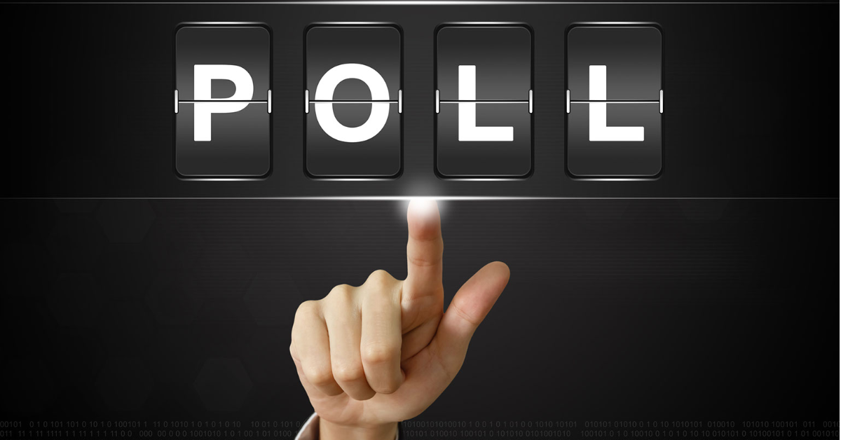 Image of hand with index finger pointing towards text: "Poll" with a black background