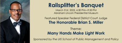 Photo of The Honorable Brian S. Miller, Federal District Court Judge on announcement of Railsplitter's Banquet, March 31st, 2023