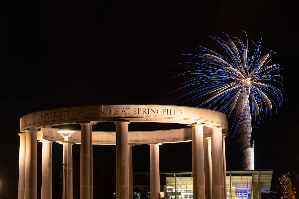 Fireworks above the University of Illinois Springfield colonnade
