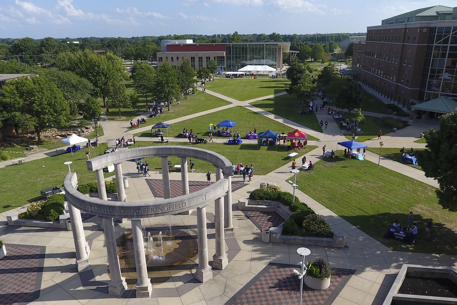 Aerial view of the UIS Campus with the UIS Colonnade in the foreground and the UIS Student Union in the background