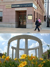 Photo of the Innovate Springfield Building in Downtown Springfield above a photo of the UIS Colonnade with yellow flowers in the foreground