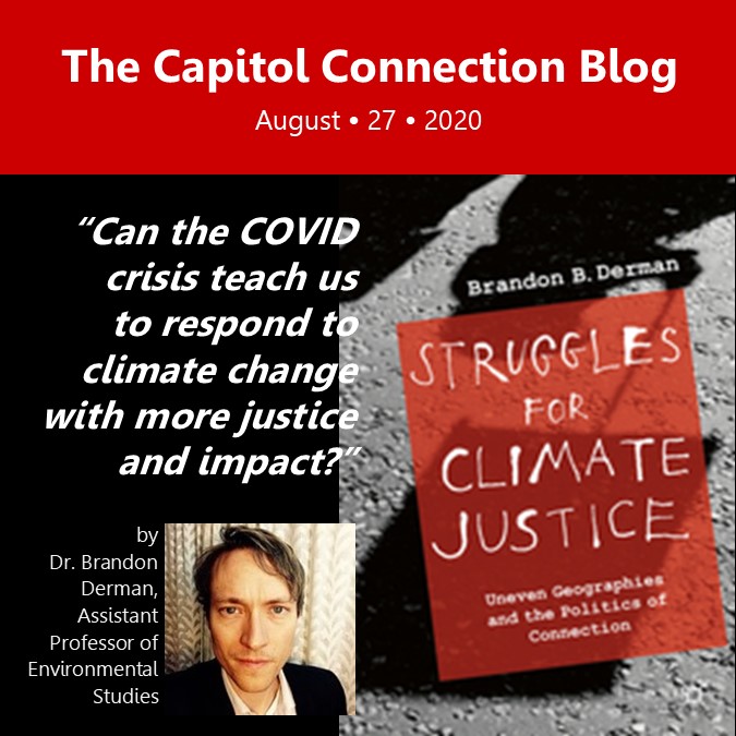 Photo of Dr. Brandon Derman, Assistant Professor of Environmental Studies and the cover of his latest book, "Struggles for Climate Justice"