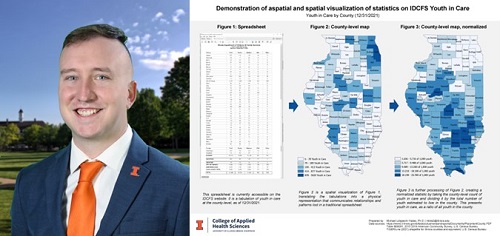 Photo of Dr. Michael C. Lotspeich-Yadao along side of chart and map demonstrating of aspatial and spatial visualization of statistics on IDCFS Youth in Care