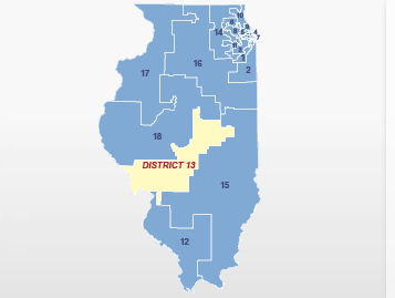 A map of Illinois Congressional Districts after the 2020 Census highlighting Disctrict 13