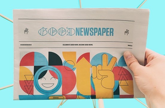 Image of a "Good Newspaper" in front of a turquoise background
